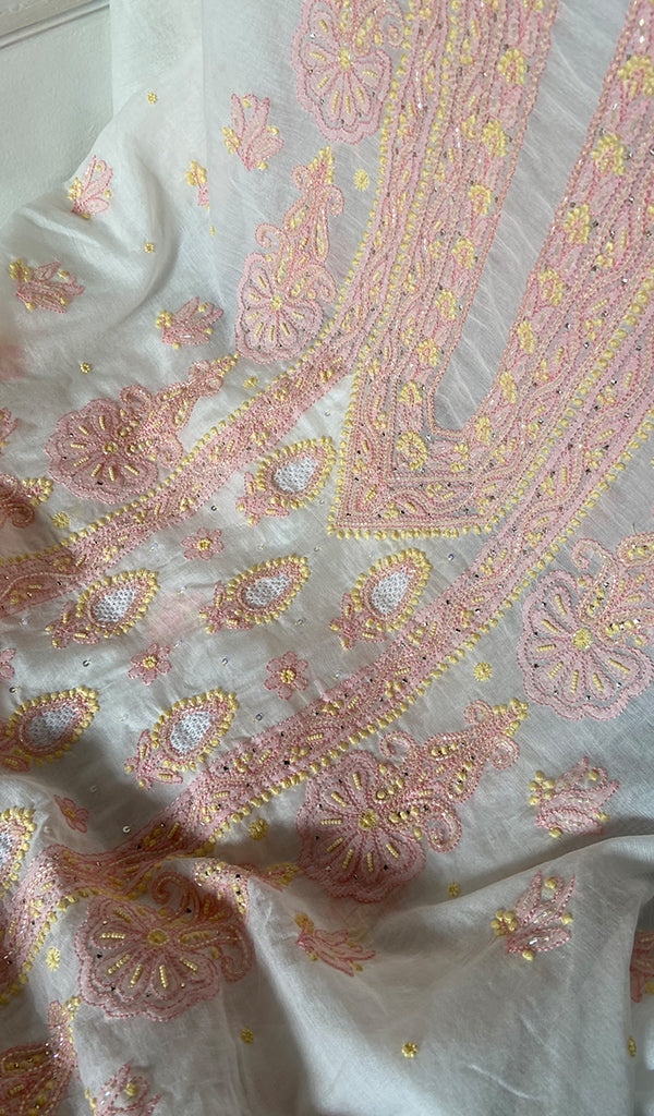 Women's Lakhnavi Handcrafted Mul Chanderi Unstitched Kurta And Dupatta Set - HONC0365502