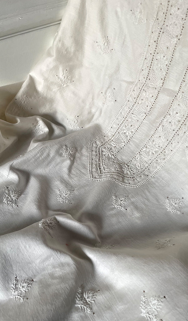 Women's Lucknowi Handcrafted Chanderi Silk Unstitched Chikankari Kurta and Dupatta Set- HONC0276219