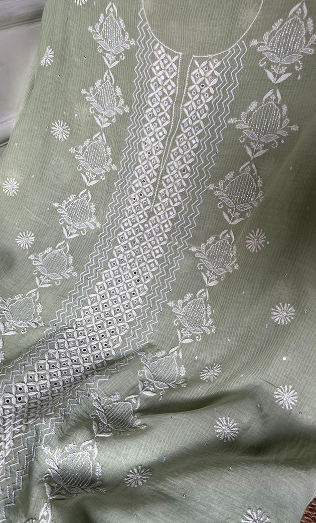 Women's Lakhnavi Handcrafted Maheshwari Mul Chanderi UnStitched Kurta And Dupatta Set - HONC0301247