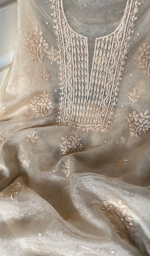 Women's Lakhnavi Handcrafted Organza Chikankari Unstitched Full Suit Material - HONC0271219