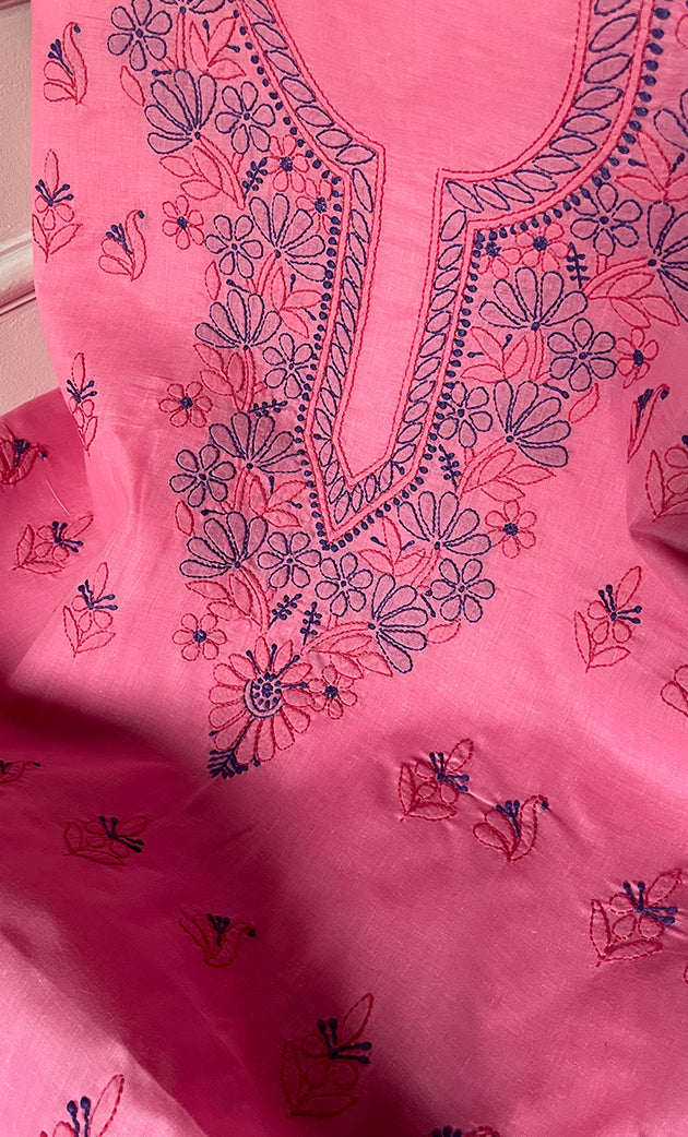Women's Lakhnavi Handcrafted Unstitched Cotton Chikankari Suit Material - HONC0321792