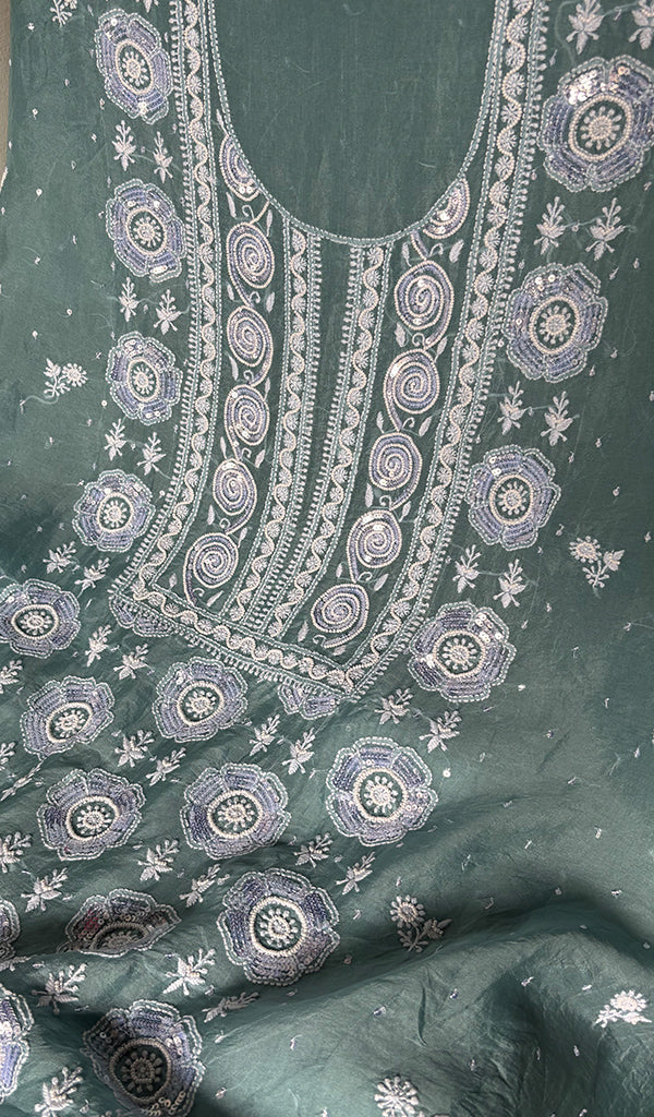 Women's Lakhnavi Handcrafted Pure Organza Chikankari Unstitched Kurta And Dupatta Set- HONC0339019