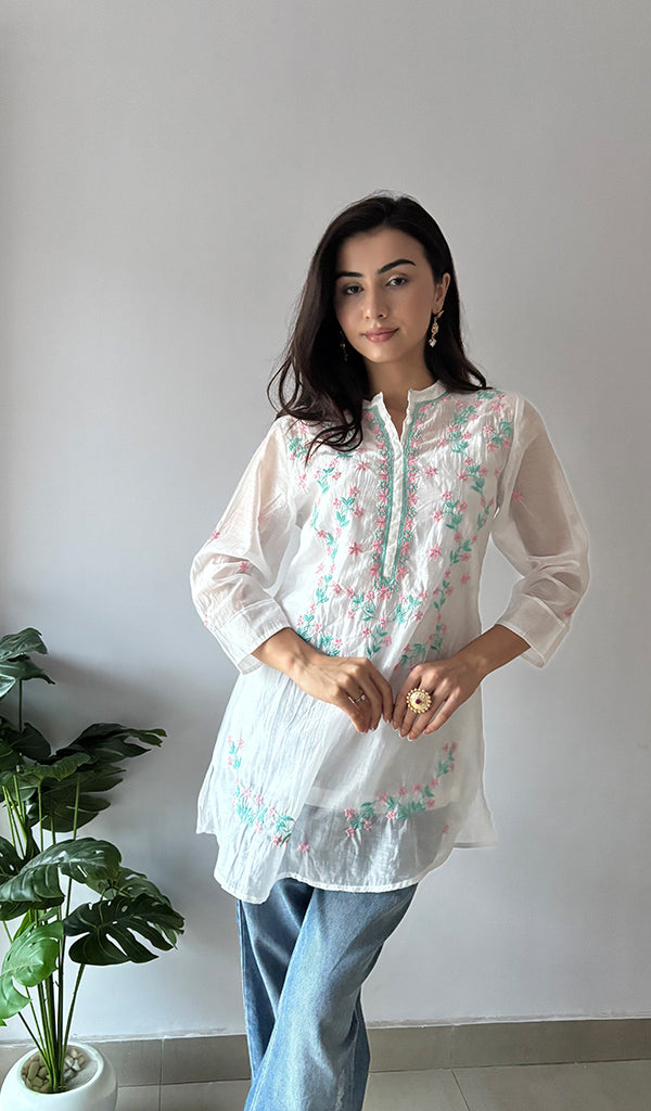 Sophia Women's Lakhnavi Handcrafted Mul Chanderi Chikankari Top - HONC0372965