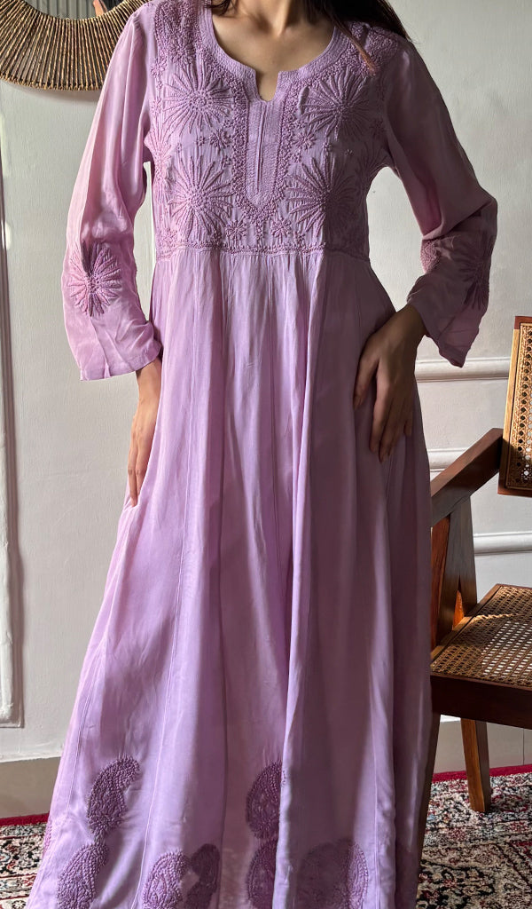 Women's Lucknowi Handcrafted Muslin Chikankari Anarkali Dress - HONC0149492