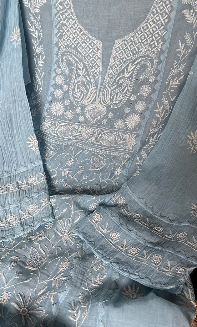 Women's Lakhnavi Handcrafted Mul Chanderi Semi - Stitched Kurta And Dupatta Set - HONC0298144