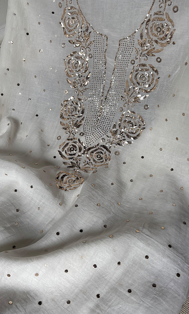 Women's Lakhnavi Handcrafted Unstitched Mul Chanderi Kurta And Dupatta Set - HONC0322428