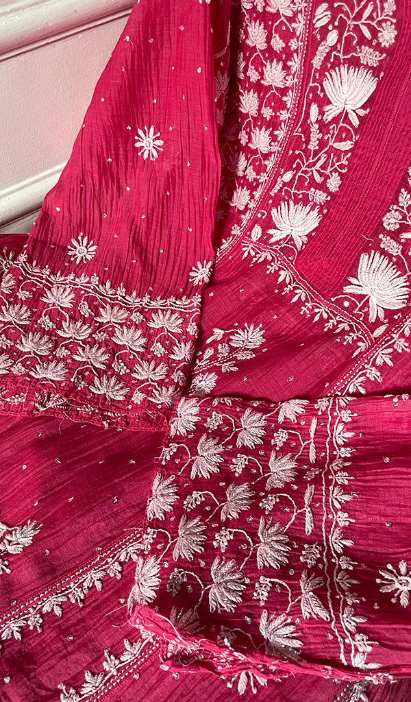 Women's Lakhnavi Handcrafted Mul Chanderi Semi - Stitched Anarkali And Dupatta Set - HONC0317827