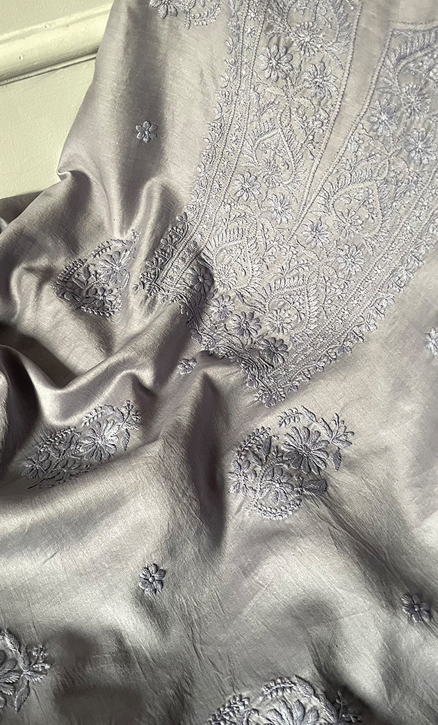 Women's Lucknowi Handcrafted Chanderi Silk Chikankari Full Suit Material - HONC0322745