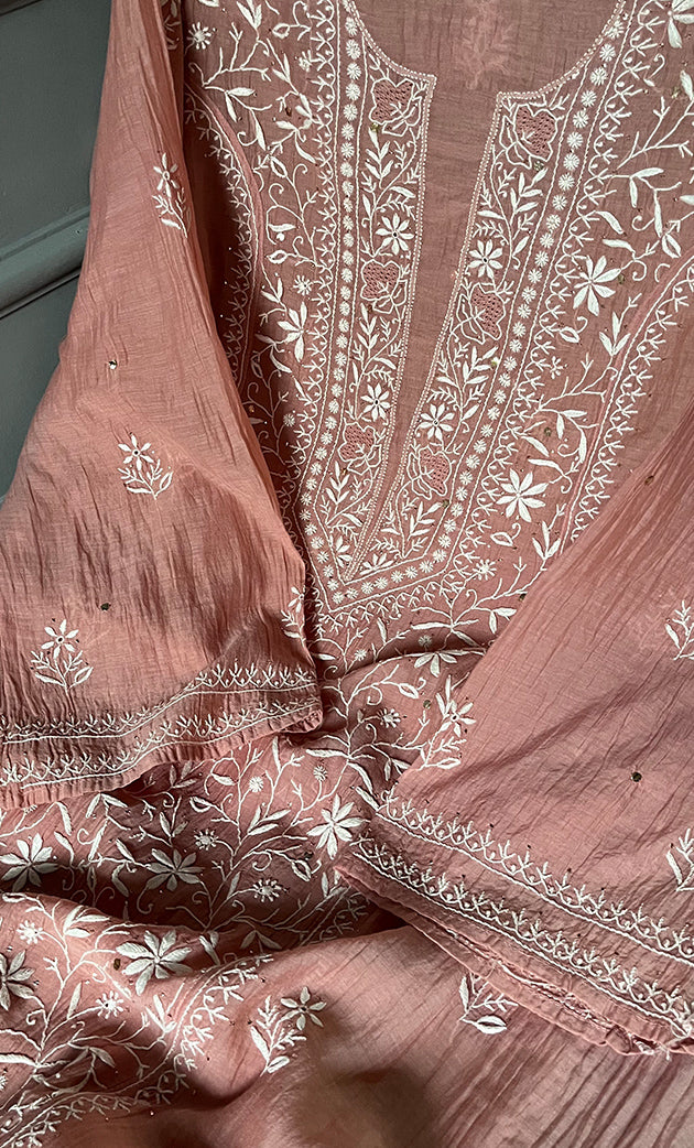 Women's Lakhnavi Handcrafted Mul Chanderi Semi - Stitched Kurta And Dupatta Set - HONC0284761