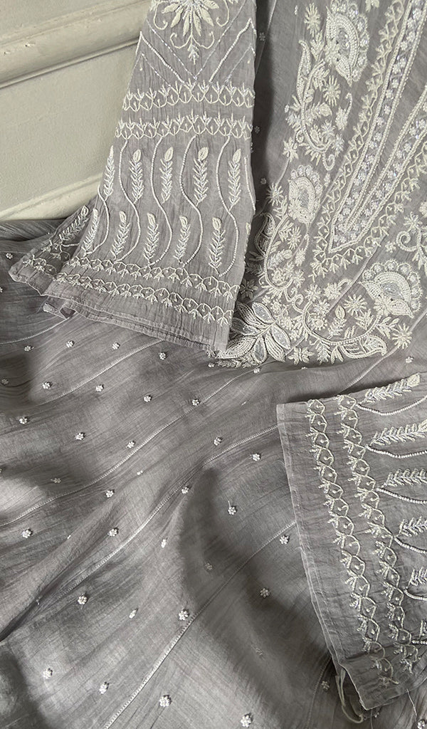 Basma Women's Lucknowi Handcrafted Mul Chanderi Semi - stitched Chikankari Anarkali Full Set - HONC0355629