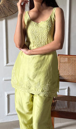 Load image into Gallery viewer, Amreena Women's Lakhnavi Handcrafted Chanderi Silk Chikankari Top And Pant Set - HONC0344939