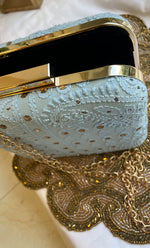 Load image into Gallery viewer, Light Blue Chikankari Embroidered Clutch with Golden Colour Chain - HONC0263111

