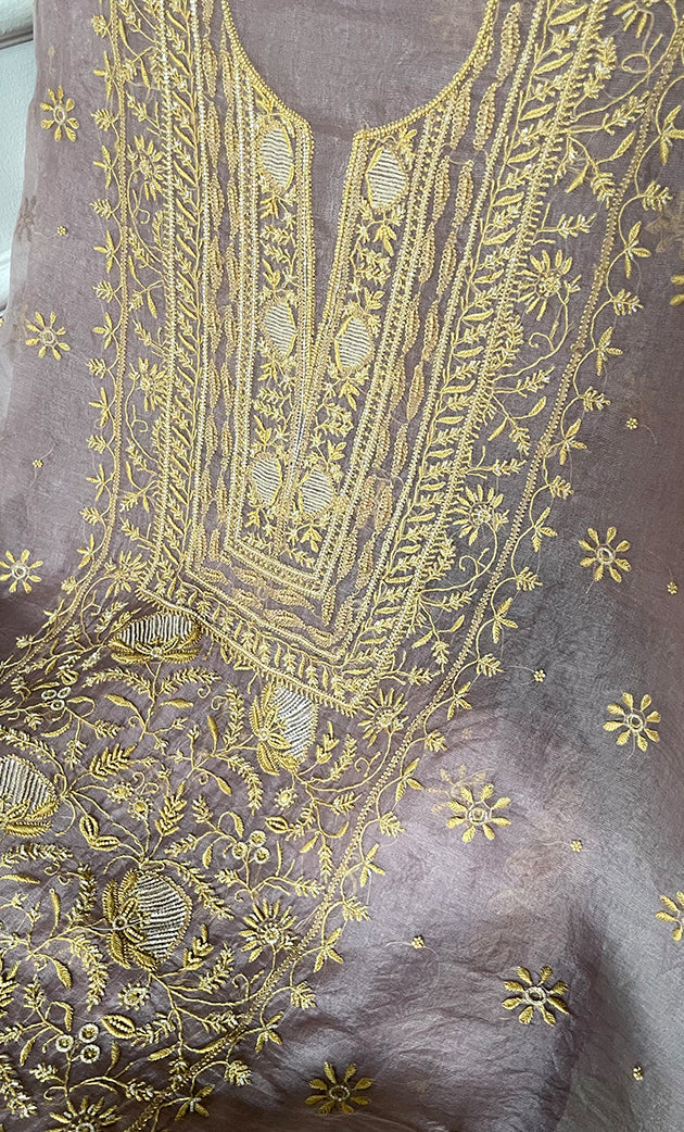 Women's Lakhnavi Handcrafted Pure Organza Chikankari Unstitched Kurta And Dupatta Set- HONC0318670