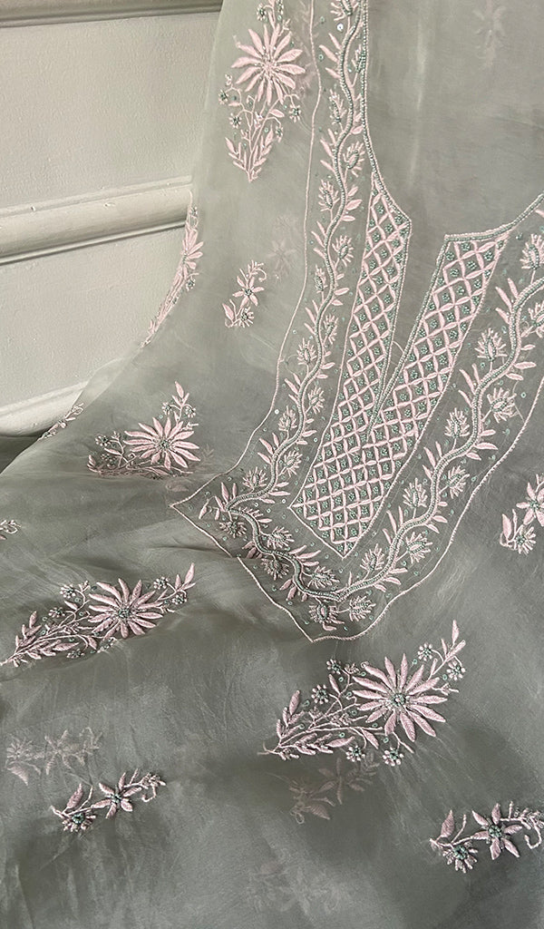 Women's Lakhnavi Handcrafted Pure Organza Chikankari Unstitched Kurta And Dupatta Set- HONC0335078
