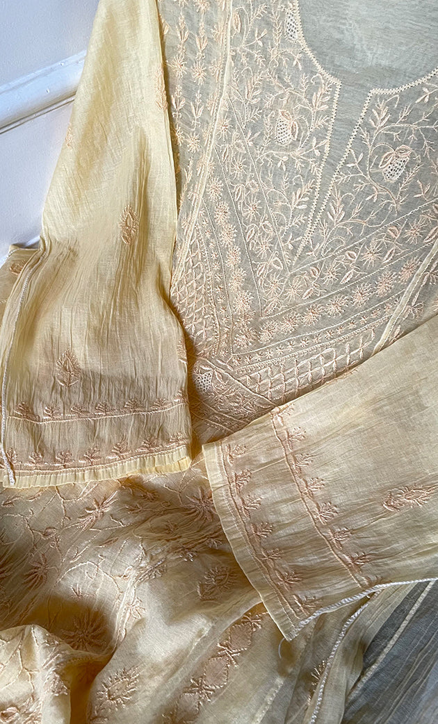 Women's Lakhnavi Handcrafted Mul Chanderi Semi - Stitched Kurta And Dupatta Set- HONC0304461