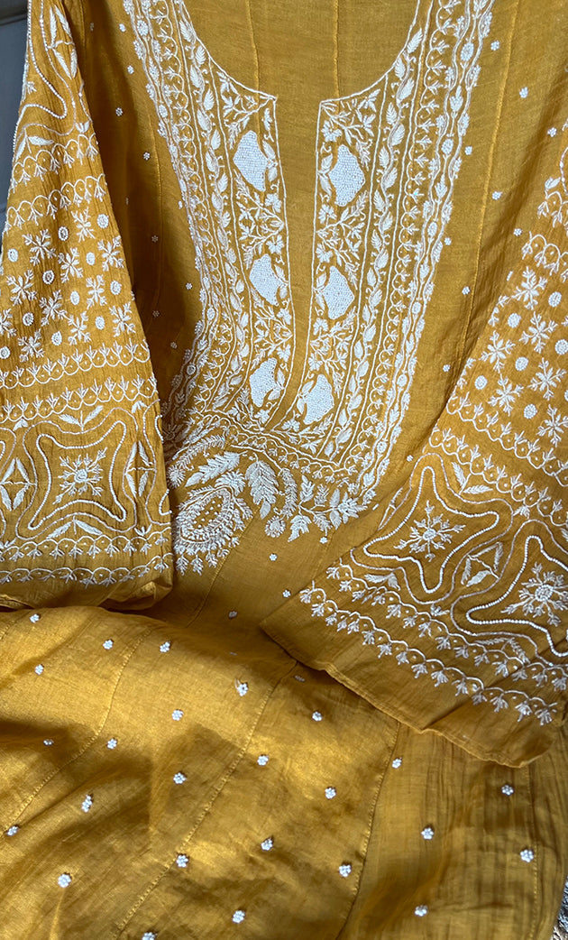 Women's Lakhnavi Handcrafted Tissue Chanderi Semi - Stitched Kurta And Dupatta Set - HONC0285732