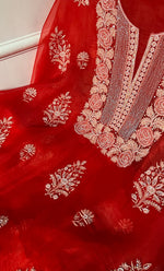 Load image into Gallery viewer, Women's Lakhnavi Handcrafted Pure Organza Chikankari Unstitched Kurta And Dupatta Set- HONC0311701