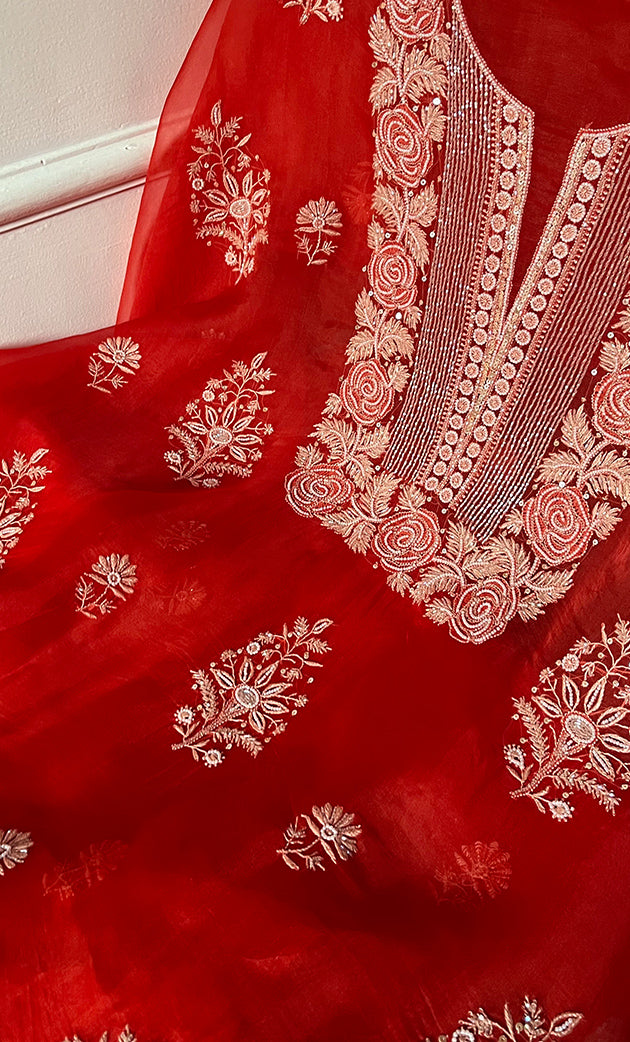 Women's Lakhnavi Handcrafted Pure Organza Chikankari Unstitched Kurta And Dupatta Set- HONC0311701