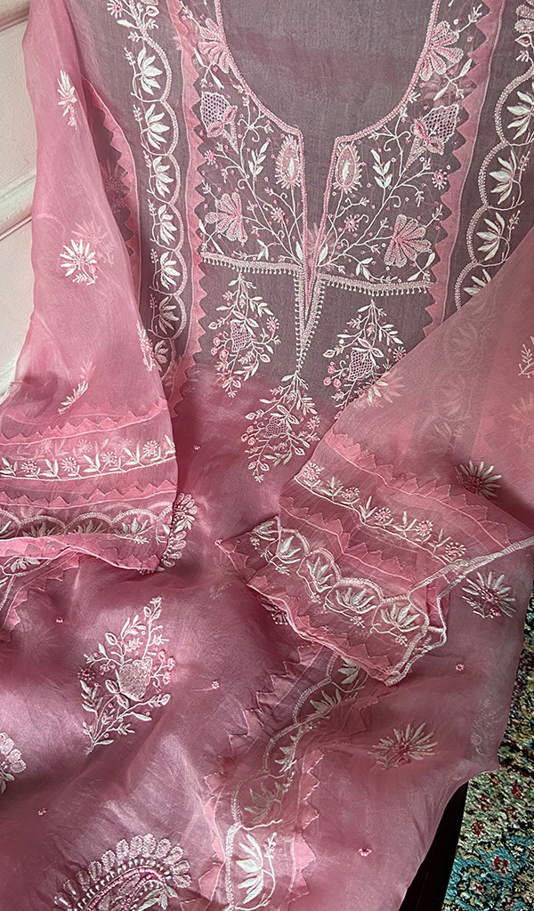 Women's Lakhnavi Handcrafted Pure Organza Chikankari Semi - Stitched Kurta And Dupatta Set- HONC0310095