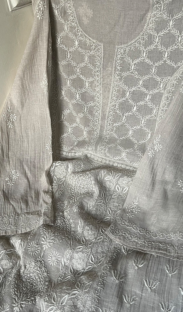 Women's Lucknowi Handcrafted Tissue Chanderi Chikankari Semi-Stitched Kurta and Dupatta Set- HONC0257414