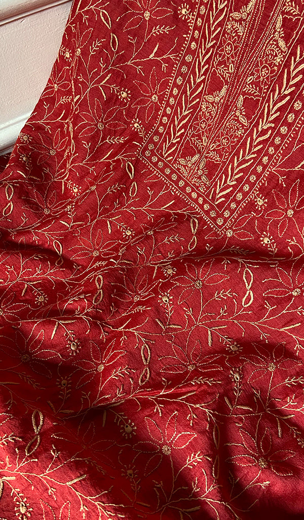 Women's Lakhnavi Handcrafted Unstitched Munga Silk Chikankari Kurta And Dupatta Set- HONC0357038