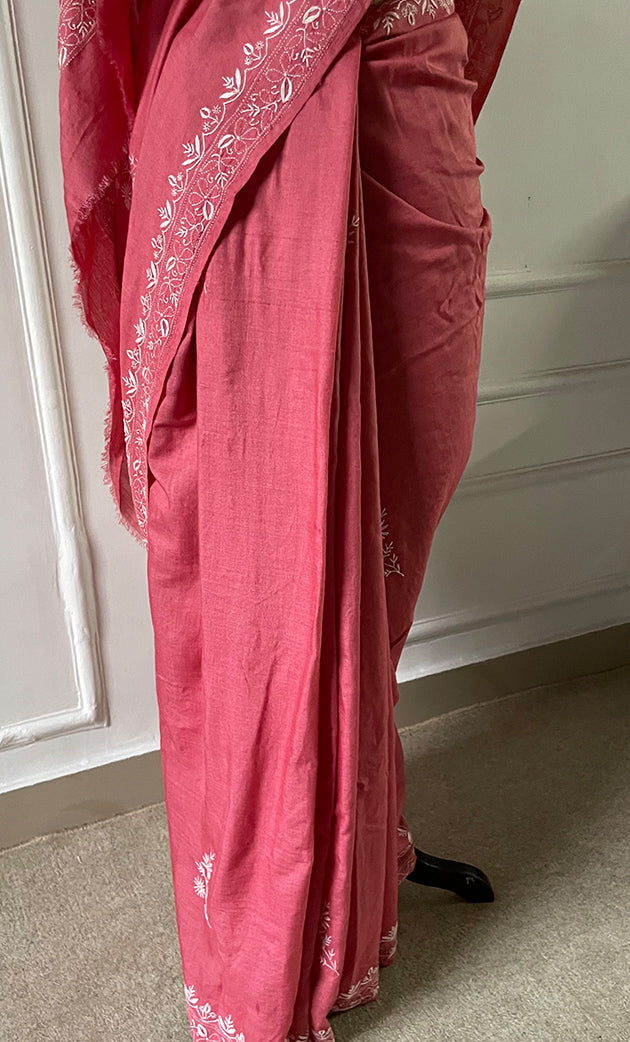 Women's Lakhnavi Handcrafted Munga Silk Chikankari Saree - HONC0307133