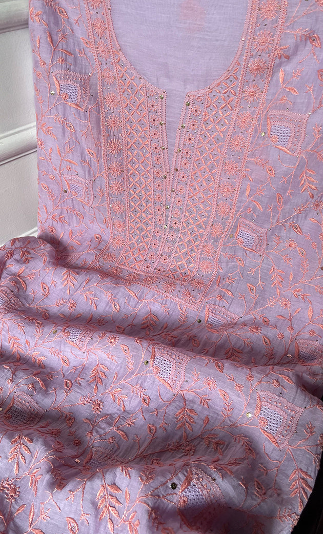 Women's Lakhnavi Handcrafted Mul Chanderi Unstitched Kurta And Dupatta Set - HONC0273558