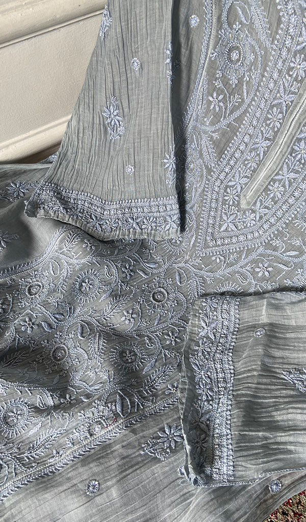 Women's Lakhnavi Handcrafted Mul Chanderi Semi - Stitched Kurta And Dupatta Set - HONC0359797