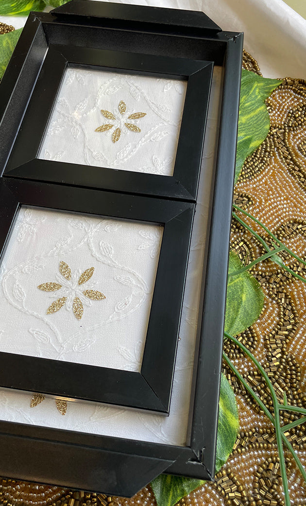 Handcrafted Chikankari Tray with Two Coasters – Wooden Frame - HONC0310964