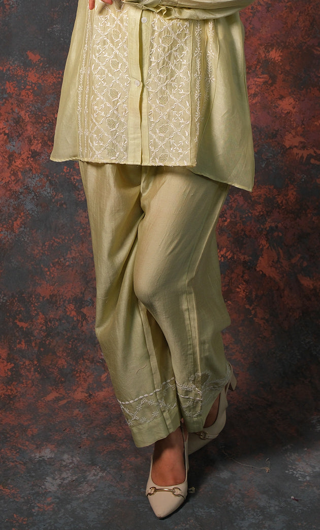 Women's Lakhnavi Handcrafted Chanderi Silk Chikankari Top And Pant Set - HONC0310758