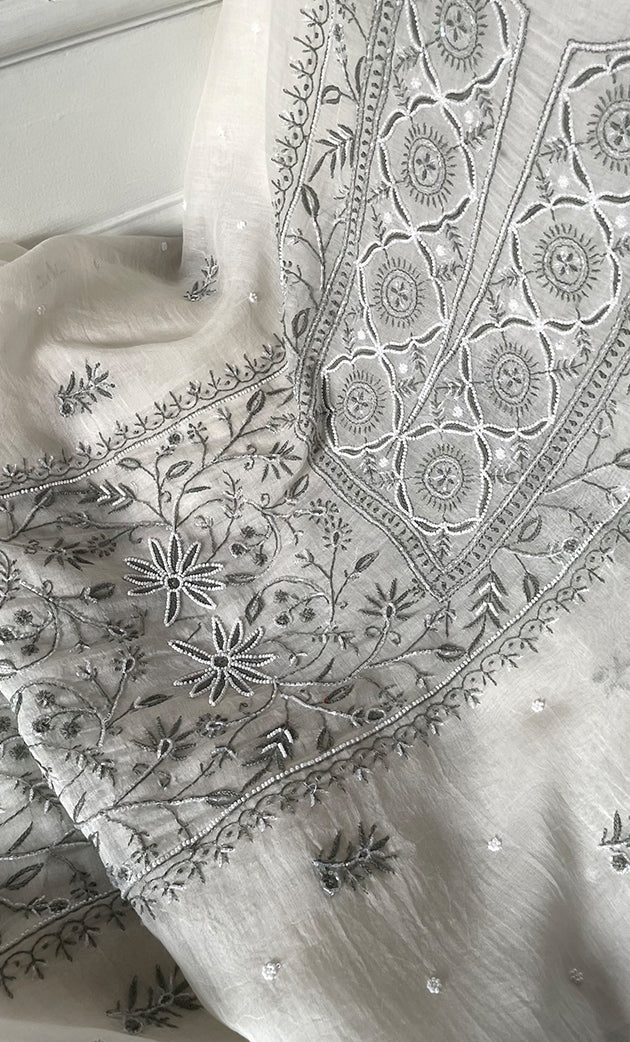 Women's Lakhnavi Handcrafted Unstitched Mul Chanderi Kurta And Dupatta Set - HONC0327483