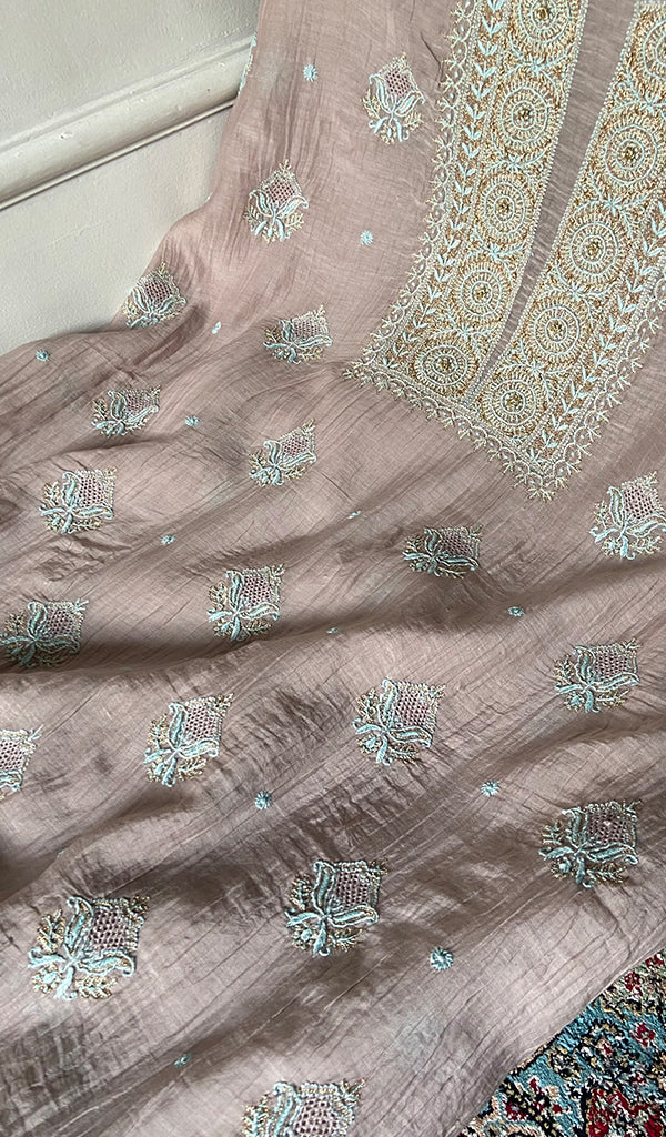 Women's Lakhnavi Handcrafted Mul Chanderi Unstitched Kurta And Dupatta Set - HONC0326140