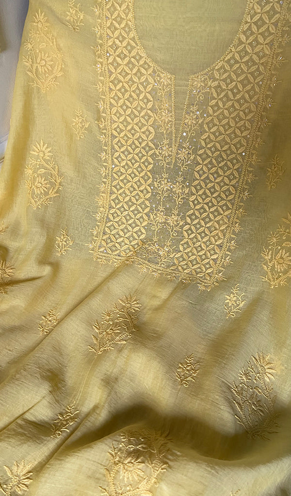 Women's Lakhnavi Handcrafted Mul Chanderi Unstitched Chikankari Full Suit Material - HONC0345047