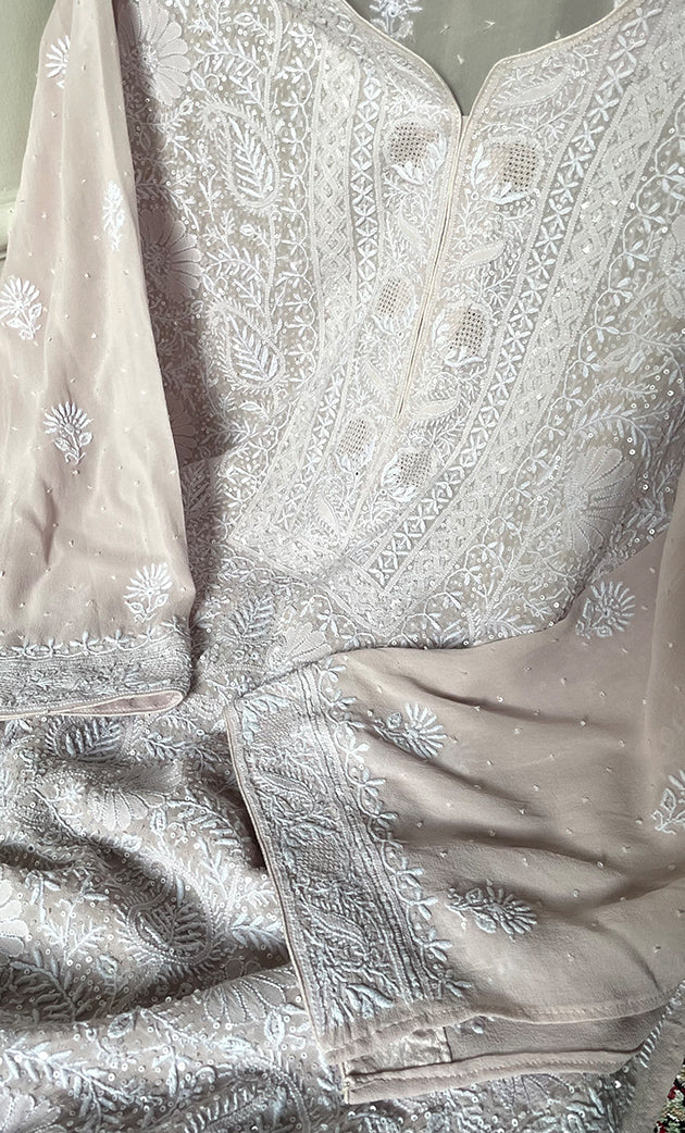 Women's Lakhnavi Handcrafted Pure Silk Georgette Semi - Stitched Chikankari Kurta And Dupatta Set - HONC0323529