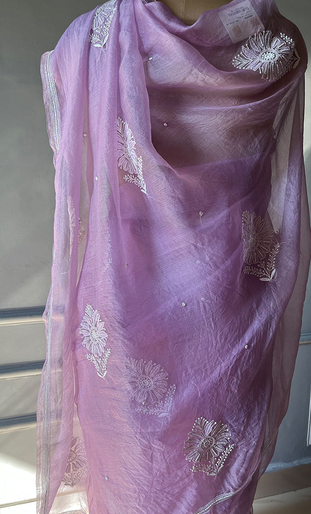 Amna Women's Lucknowi Handcrafted Pure Organza Silk Chikankari Saree - HONC0297170