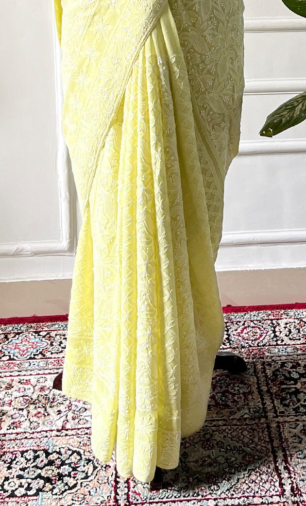 Women's Lakhnavi Handcrafted Pure Silk Georgette Chikankari Saree - HONC0330946