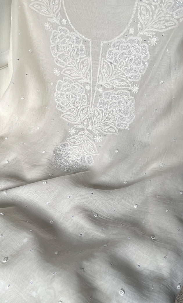 Women's Lakhnavi Handcrafted Unstitched Mul Chanderi Kurta And Dupatta Set - HONC0324844