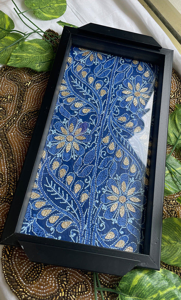 Handcrafted Chikankari Tray with Two Coasters – Wooden Frame - HONC0313523