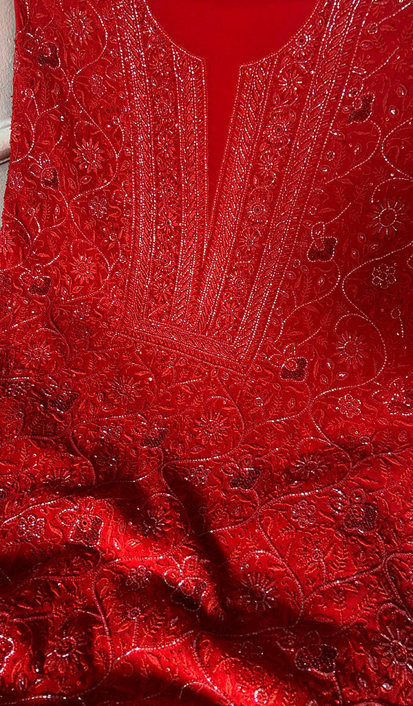 Women's Lakhnavi Handcrafted Pure Silk Georgette Chikankari Unstitched Kurta And Dupatta Set - HONC0346864