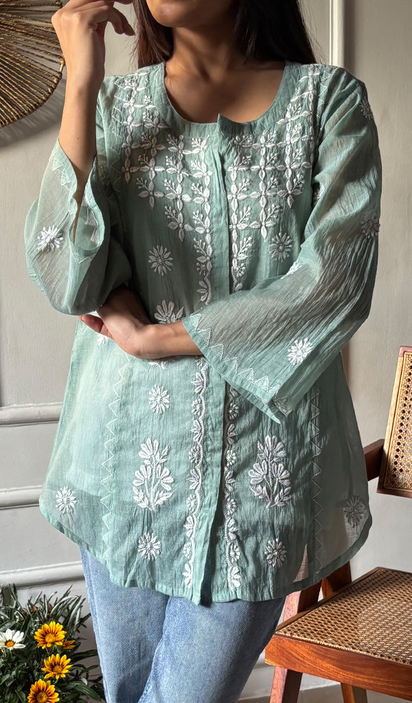 Vaanya Women's Lakhnavi Handcrafted Mul Chanderi Chikankari Top - HONC0334161