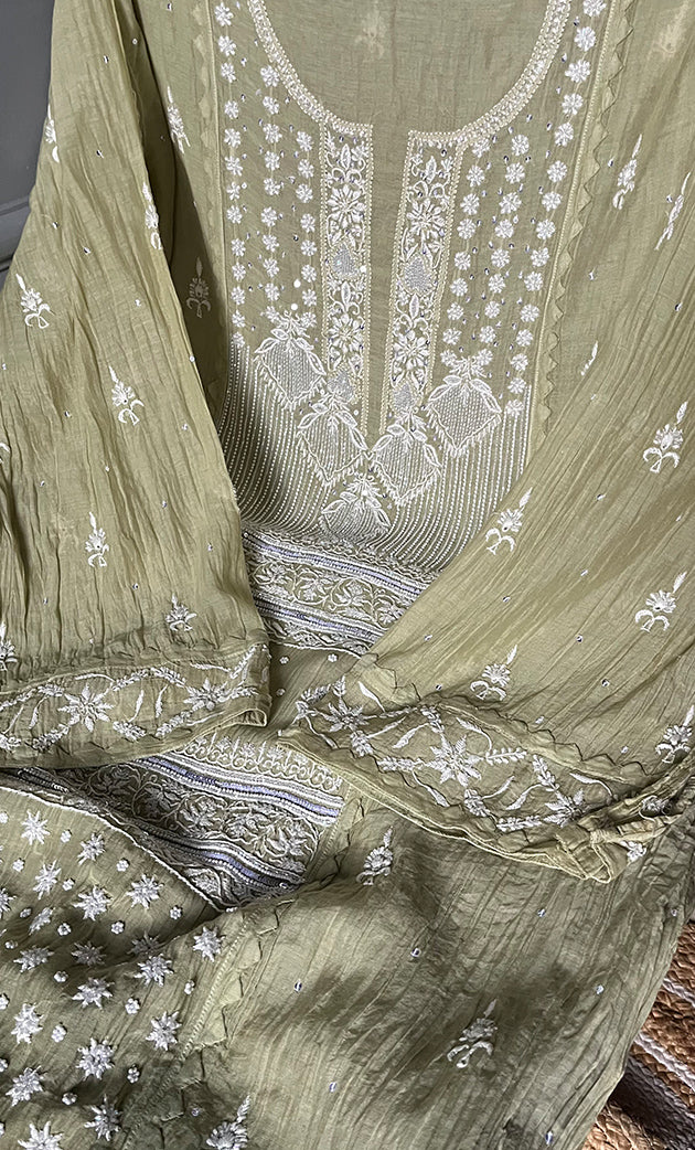 Women's Lakhnavi Handcrafted Mul Chanderi Semi - Stitched Kurta And Dupatta Set - HONC0308148