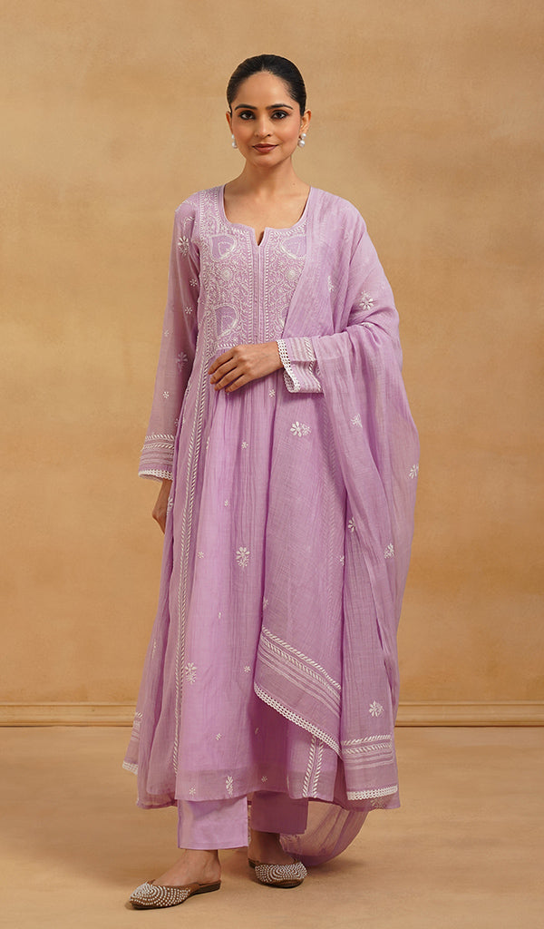 Women's Lakhnavi Handcrafted Mul Chanderi Chikankari Stitched Kurta, Dupatta And Pant Set - HONC0565464