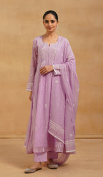 Load image into Gallery viewer, Women's Lakhnavi Handcrafted Mul Chanderi Chikankari Stitched Kurta, Dupatta And Pant Set - HONC0565464