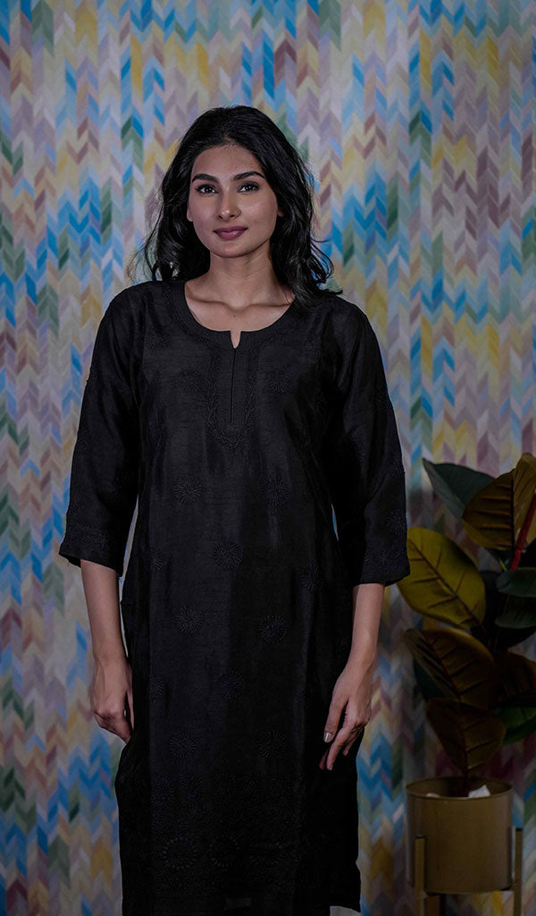 Heena Women's Lucknowi Handcrafted Raw Silk Chikankari Kurti - HONC0177199