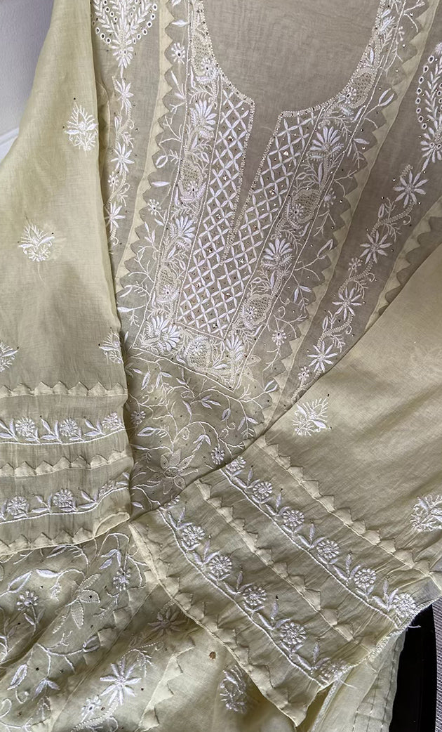 Women's Lakhnavi Handcrafted Mul Chanderi Semi - stitched Kurta And Dupatta Set- HONC0305144