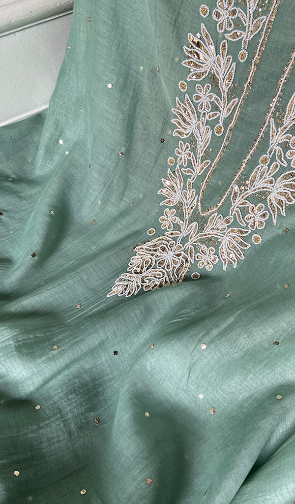 Nyla Women's Lakhnavi Handcrafted Mul Chanderi Unstitched Chikankari Full Suit Material - HONC0324547
