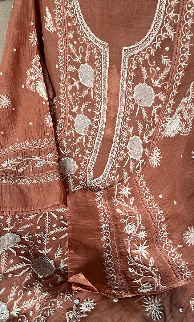 Women's Lakhnavi Handcrafted Mul Chanderi Semi - Stitched Anarkali And Dupatta Set - HONC0330159