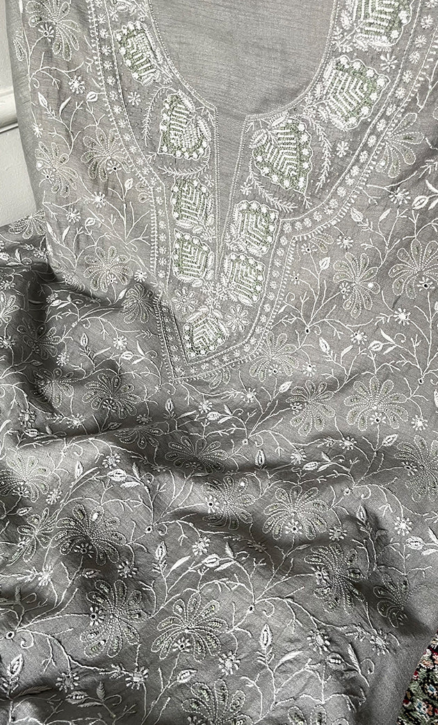 Women's Lakhnavi Handcrafted Unstitched Munga Silk Chikankari Kurta And Dupatta Set- HONC0285381