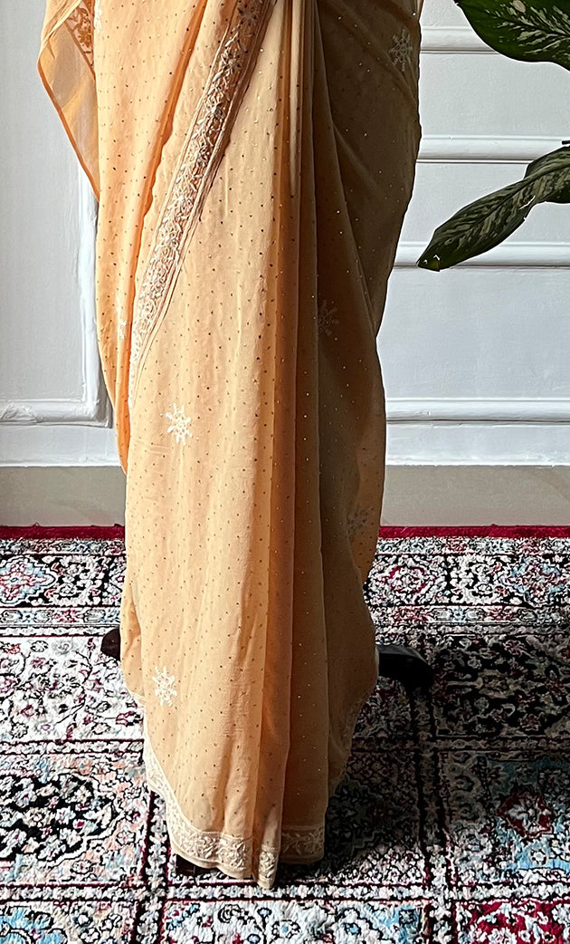 Women's Lakhnavi Handcrafted Pure Silk Georgette Chikankari Saree - HONC0274137