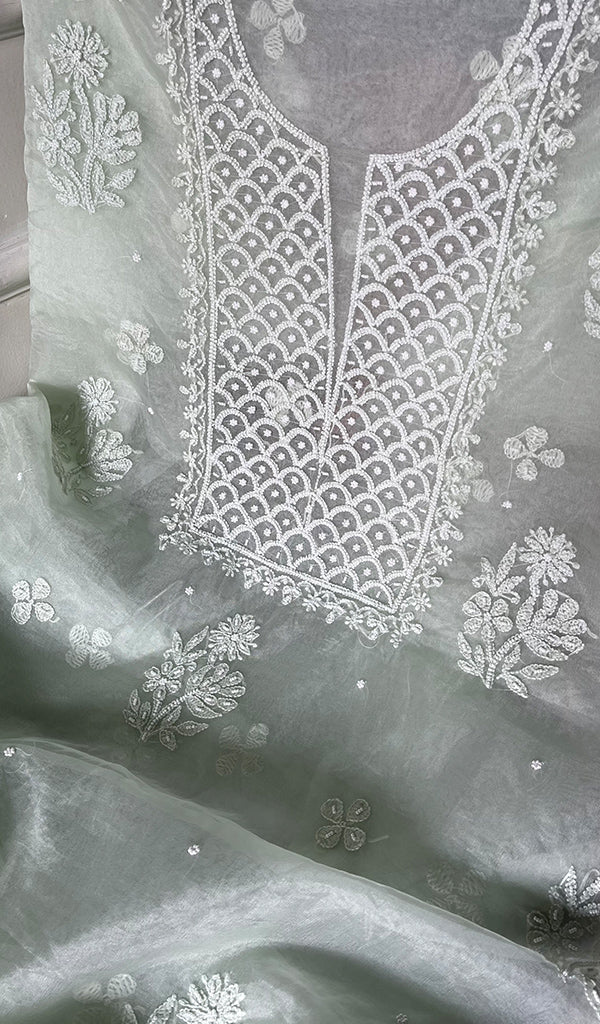 Women's Lakhnavi Handcrafted Organza Chikankari Unstitched Full Suit Material - HONC02712100
